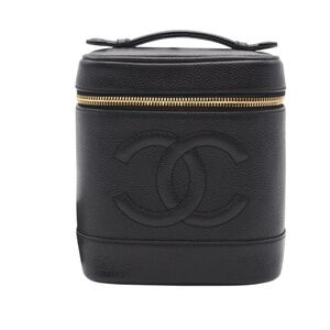 CHANEL Black Caviar Leather Logo Vanity Bag